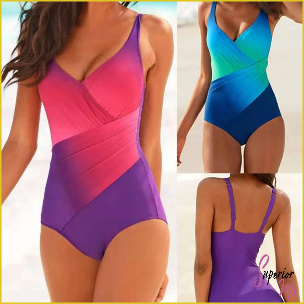 Rainbow Gradient One-Piece Swimsuit with Wrap Design & Open Back